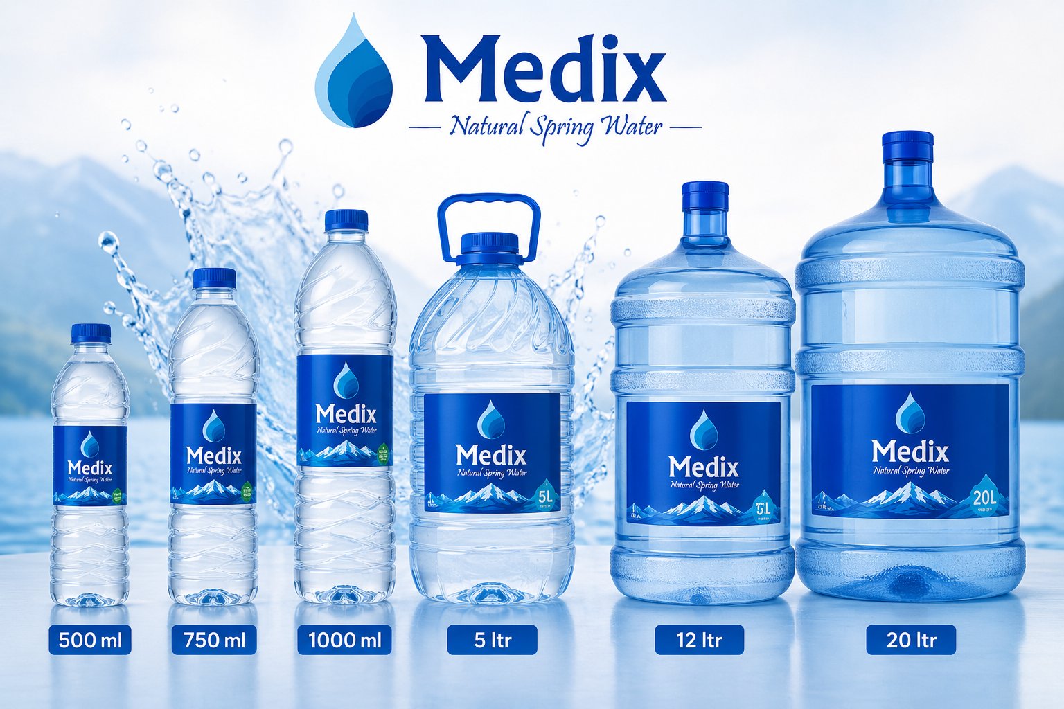 Medix Water full product range: 500ml, 750ml, 1000ml, 5 litre, 12 litre, and 20 litre bottles